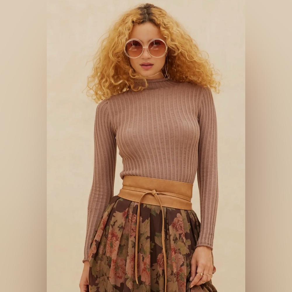 Ribbed Taupe Turtleneck Sweater